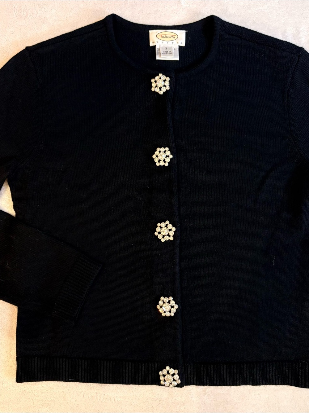 Talbots Black Eveninh Cardigan Rhinestone Crystal Floral Buttons Sz SP
